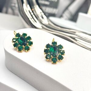 Floral Inspiration Emerald Green Crystals Gold Hook Earrings